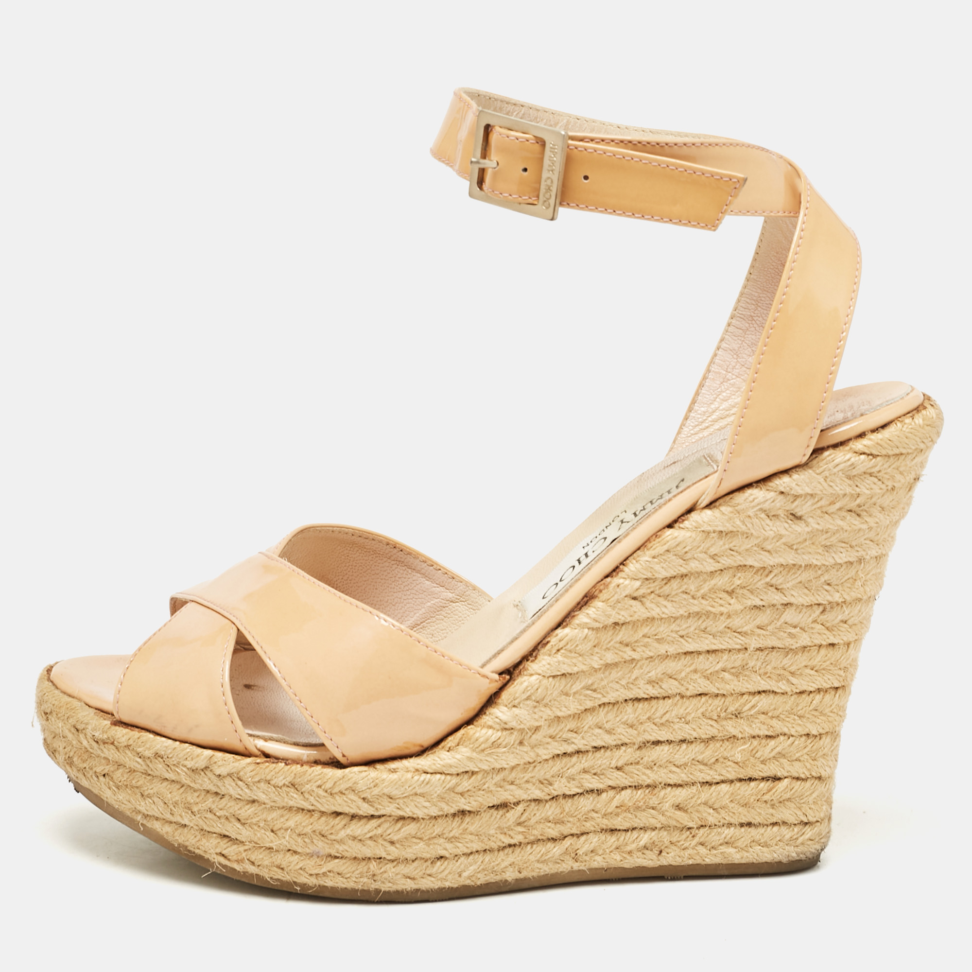 Jimmy Choo Beige Patent Leather Espadrille Platform Wedge Sandals Size 37.5