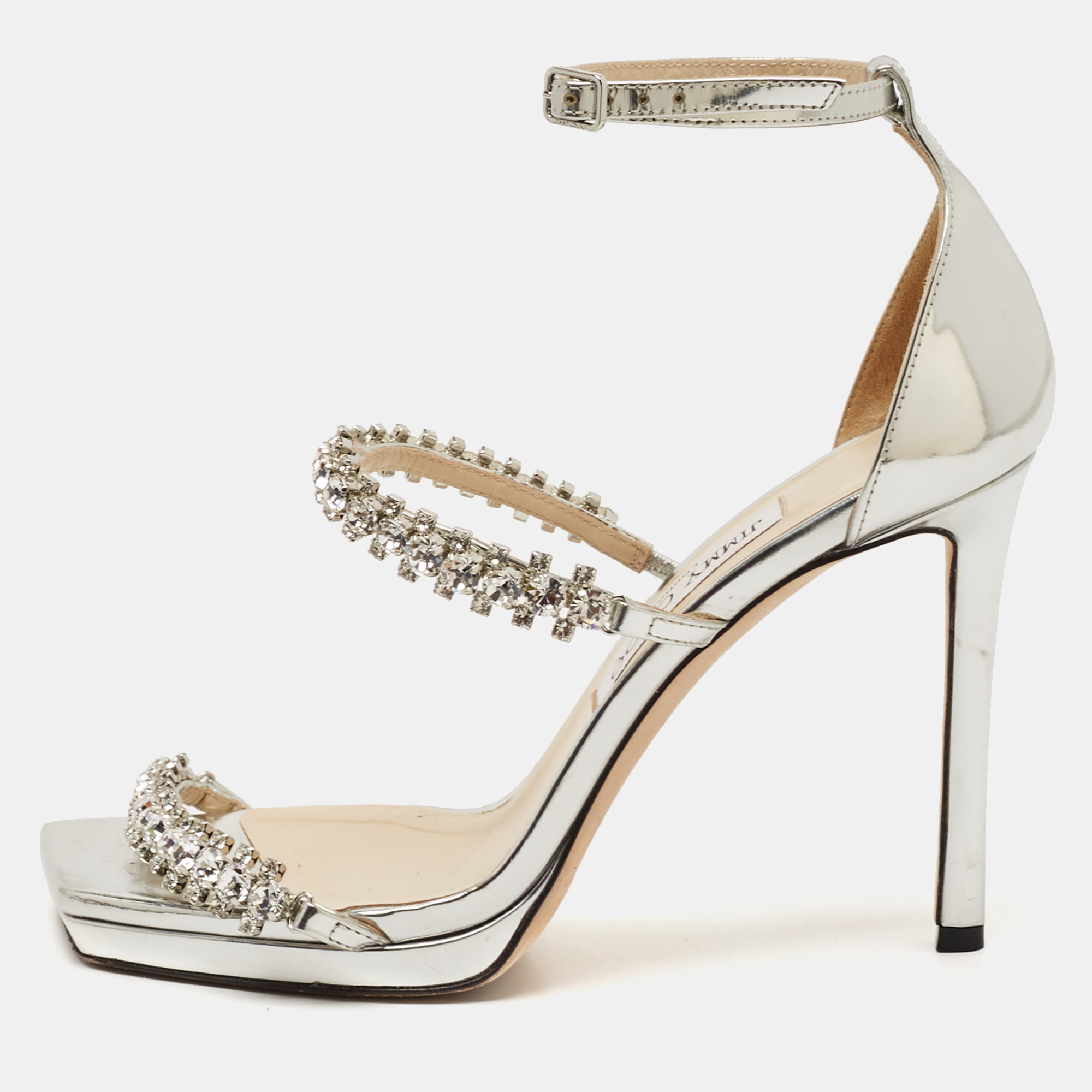 Jimmy Choo Silver Leather Crystal Embellished Ankle Strap Sandals Size 38