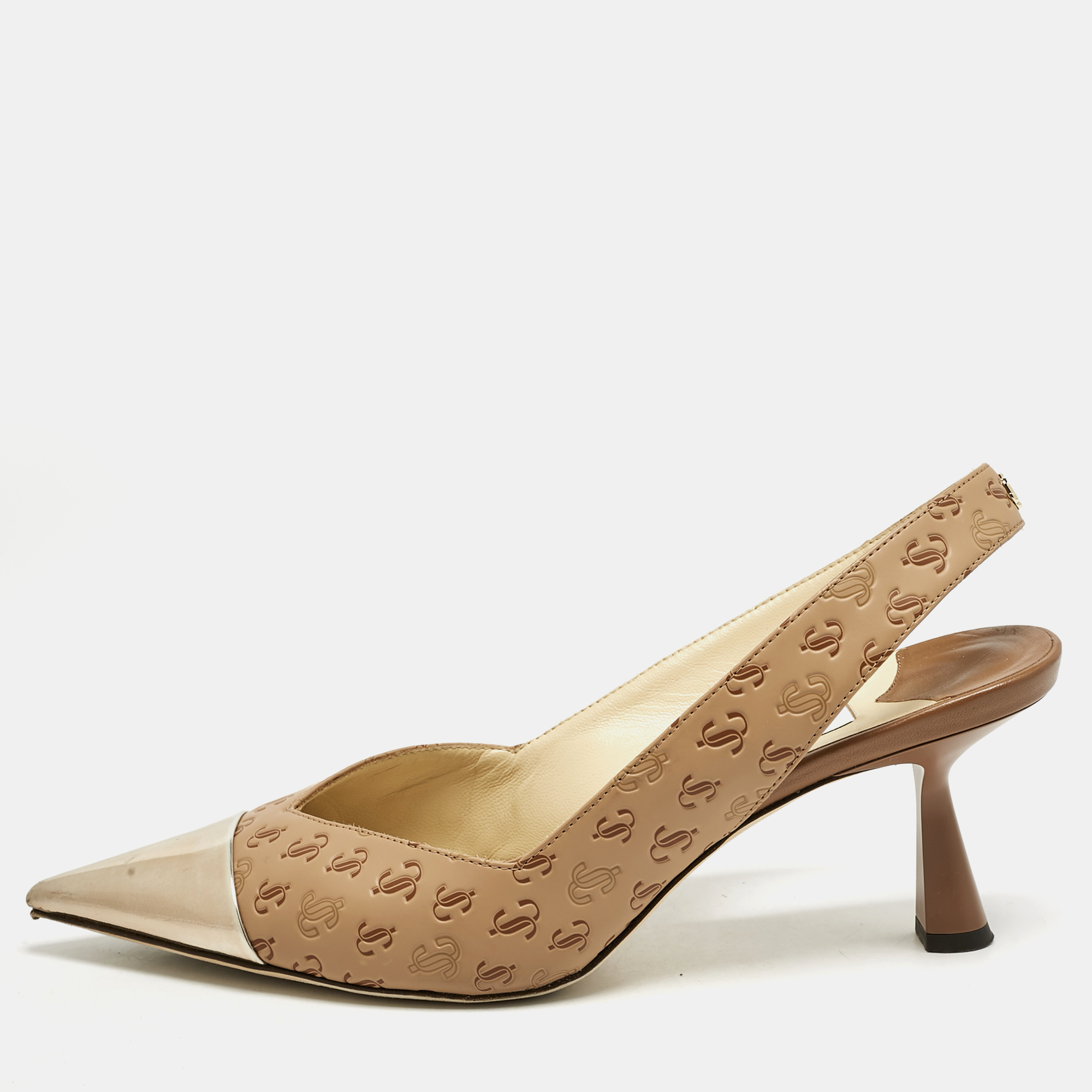 Jimmy Choo Beige Logo Embossed Leather And Patent Sling Back Pumps Size
Jimmy Choo Beige Logo Embossed Leather And Patent Sling Back Pumps Size