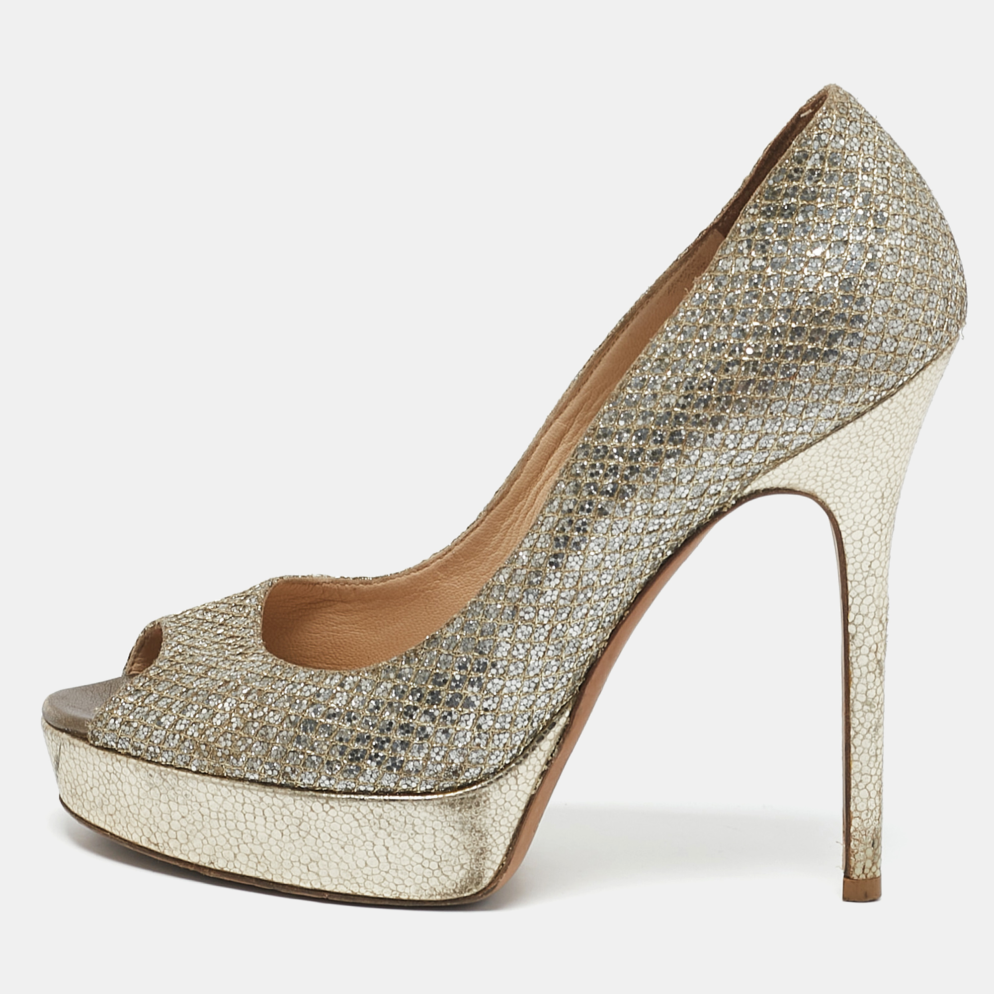 Jimmy Choo Gold/Silver Glitter and Leather Luna Peep Toe Pumps Size
Jimmy Choo Gold/Silver Glitter and Leather Luna Peep Toe Pumps Size