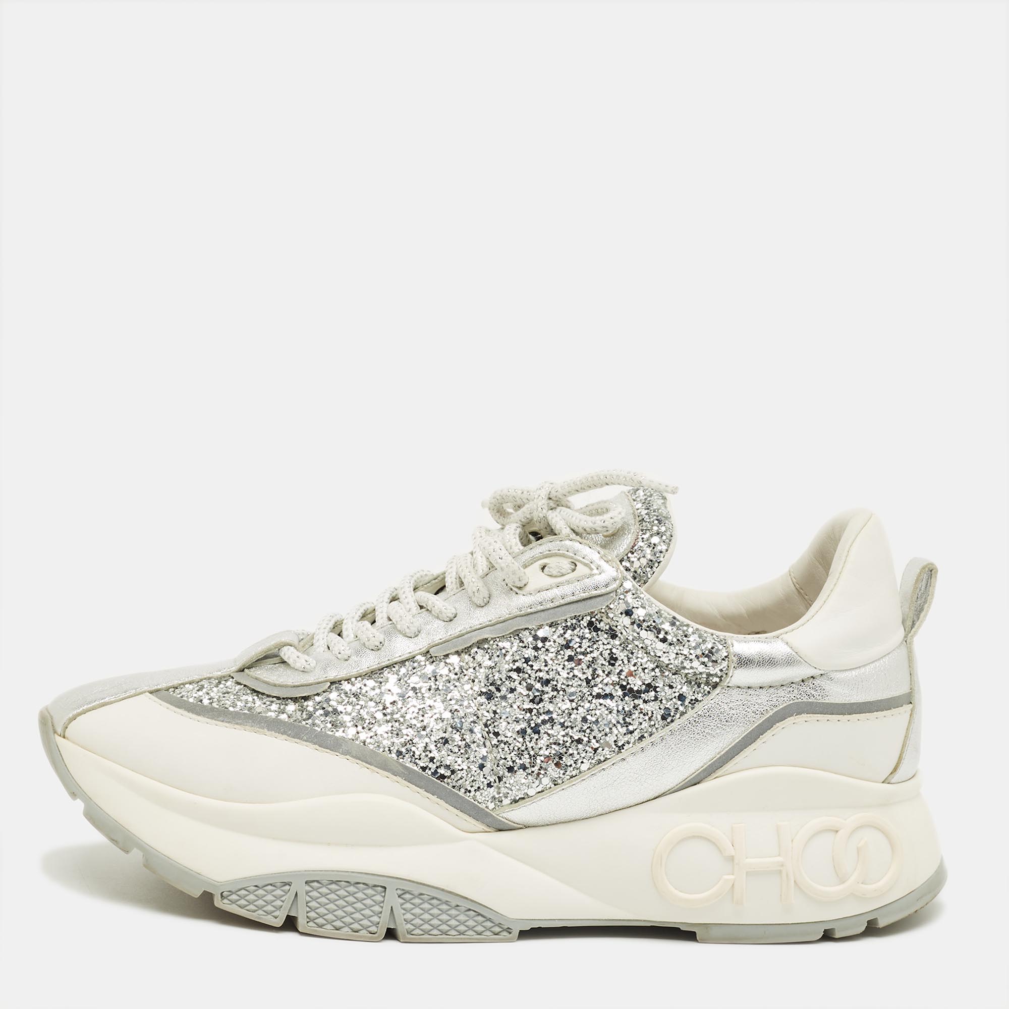 Jimmy Choo Silver Glitter and Leather Raine Lace Up Sneakers Size 
Jimmy Choo Silver Glitter and Leather Raine Lace Up Sneakers Size