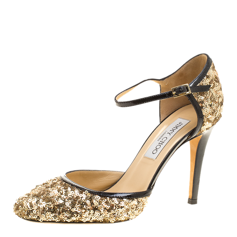 Jimmy Choo Metallic Gold Sequin And Leather Tessa Ankle Strap Sandals Size 36.5