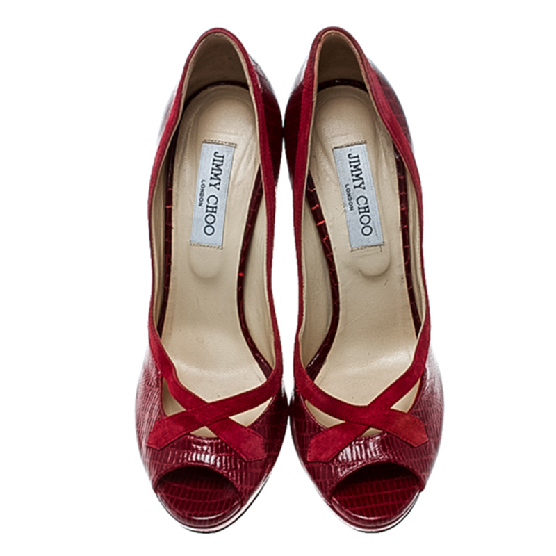 Jimmy Choo Red Embossed Lizard Patent Leather And Suede Trim Peep Toe Platform Pumps Size 40