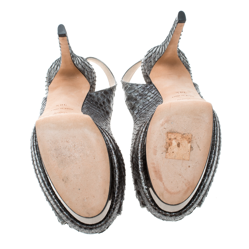 Jimmy Choo Grey Python Peep Toe Slingback Platform Sandals Size 38.5