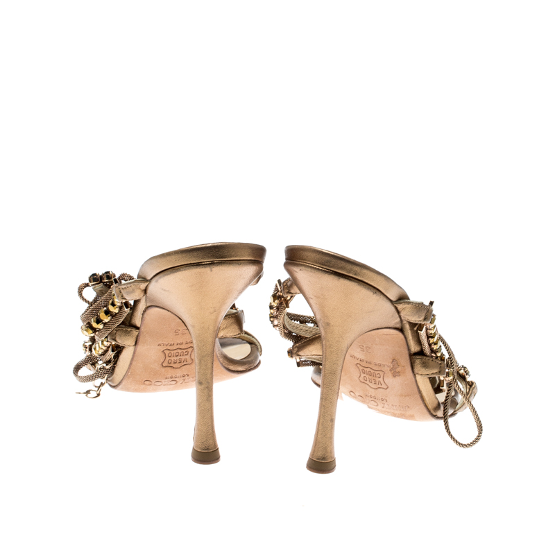 Jimmy Choo Gold Metallic Leather And Jewel Embellished Strappy Sandals Size 35