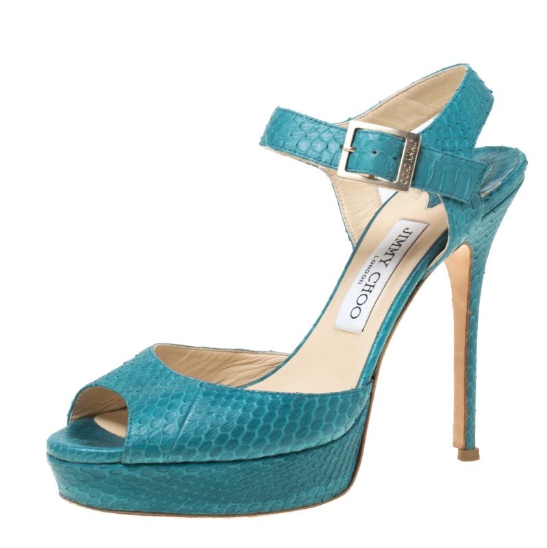 Jimmy Choo Blue Python Peep Toe Platform Sandals Size 38.5