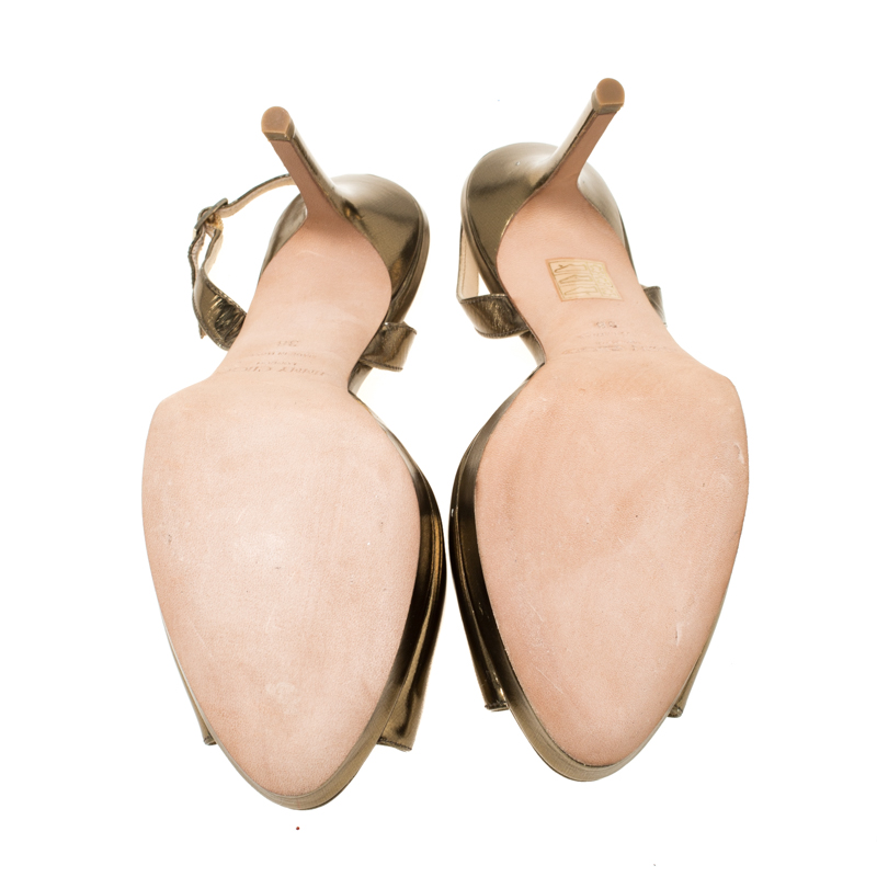 Jimmy Choo Gold Patent Leather Peep Toe Slingback Sandals Size 38
