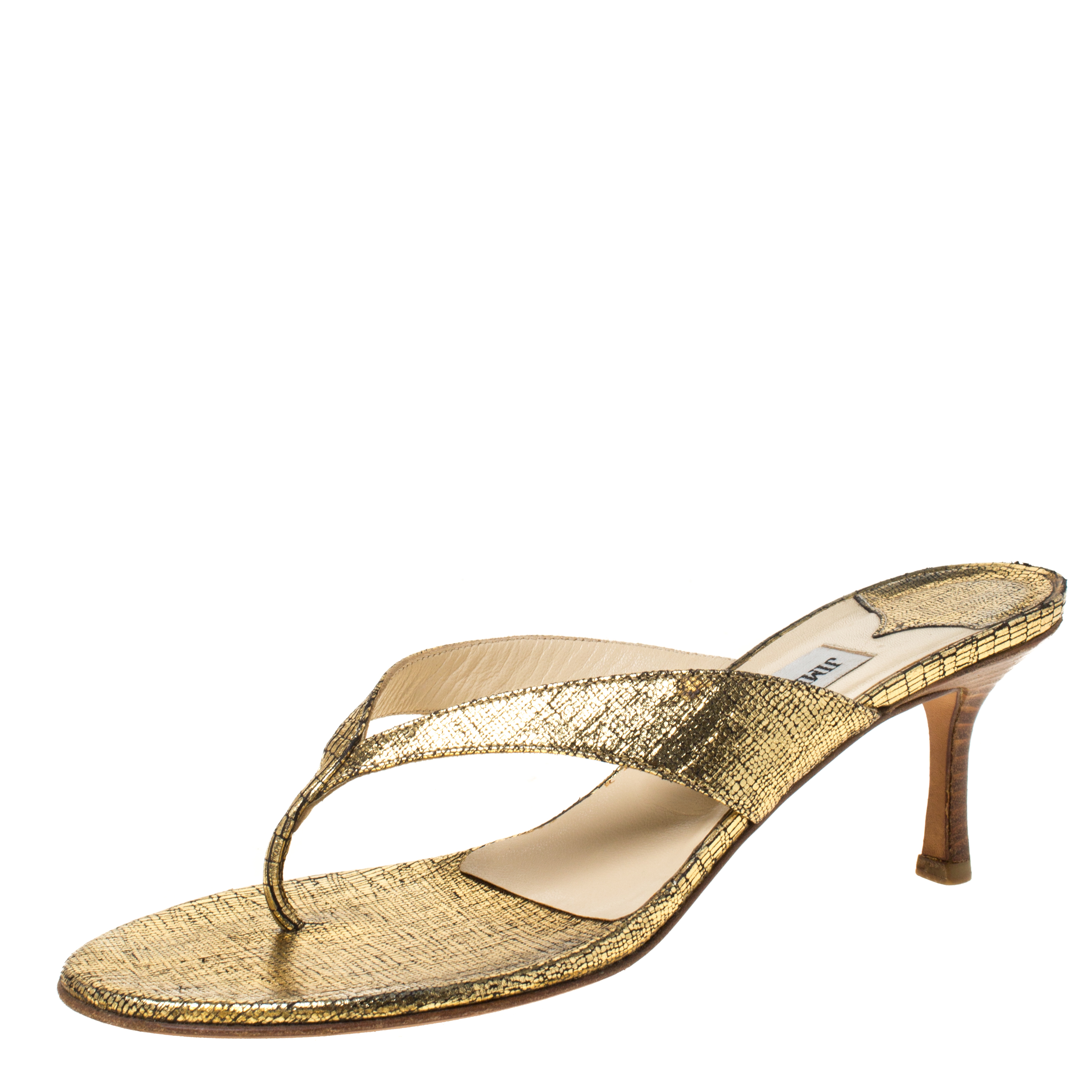 Jimmy Choo Gold Textured Leather Thong Wooden Heel Sandals Size 39.5