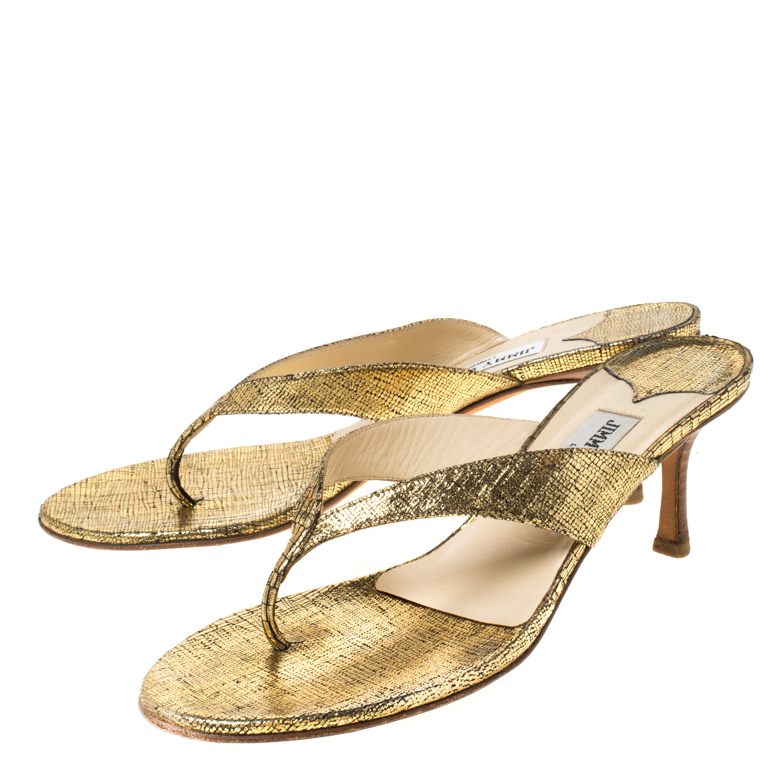 Jimmy Choo Gold Textured Leather Thong Wooden Heel Sandals Size 39.5