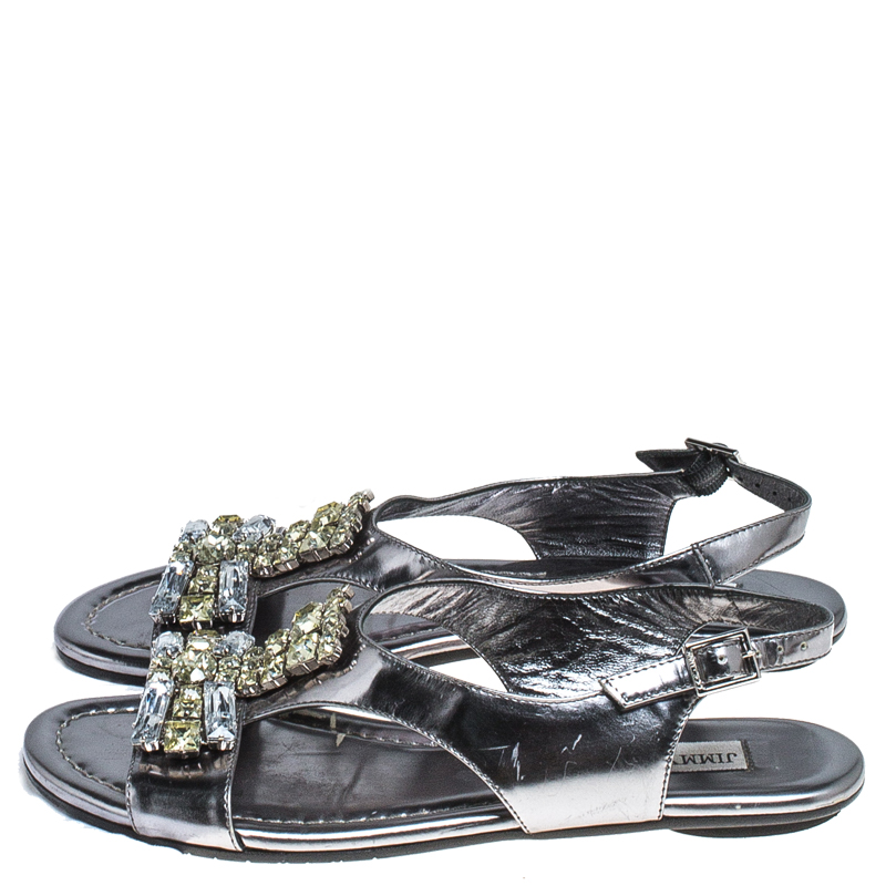 Jimmy Choo Silver Metallic Crystal Embellished Patent Leather Slingback Flat Sandals Size 36