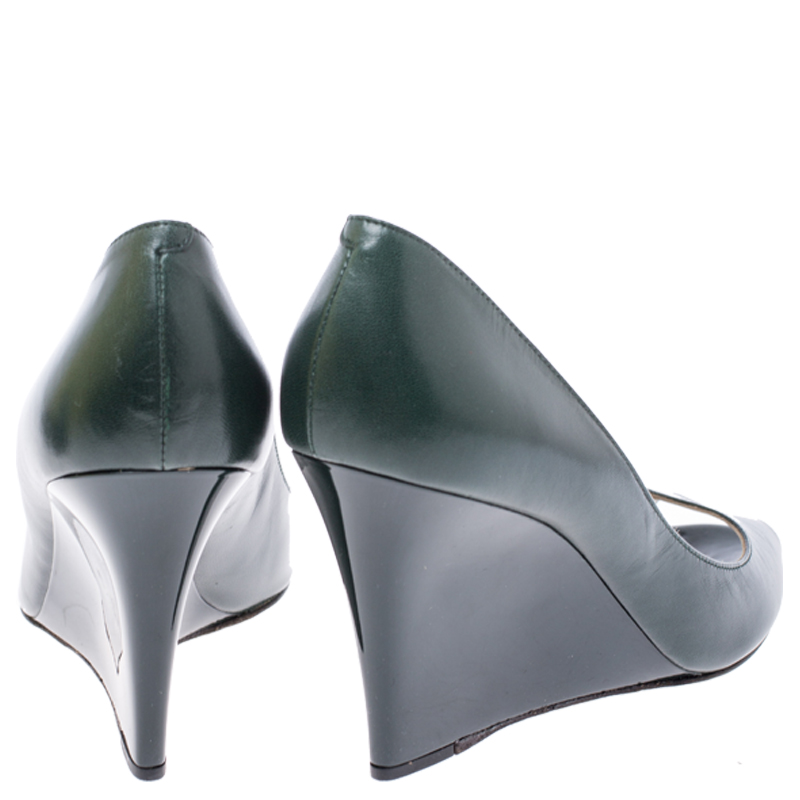 Jimmy Choo Dark Green Leather Baxen Peep Toe Wedge Pumps 38.5