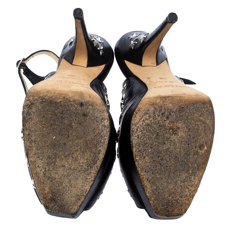 Jimmy Choo Black Star Studded Leather Peep Toe Platform Slingback Sandals Size 38
