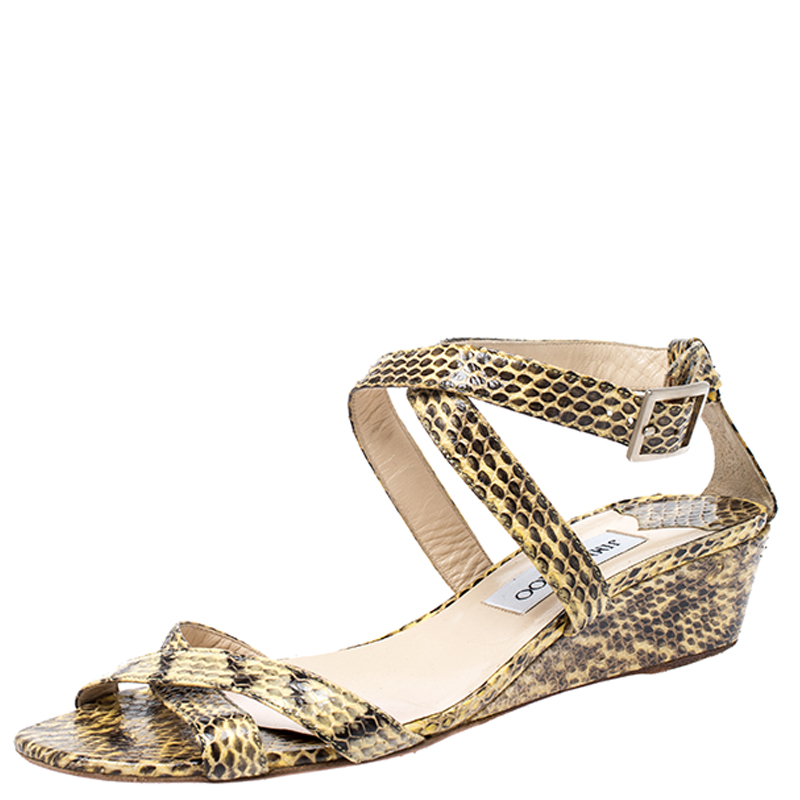 Image of Jimmy Choo Beige Python Connor Wedge Sandals Size
