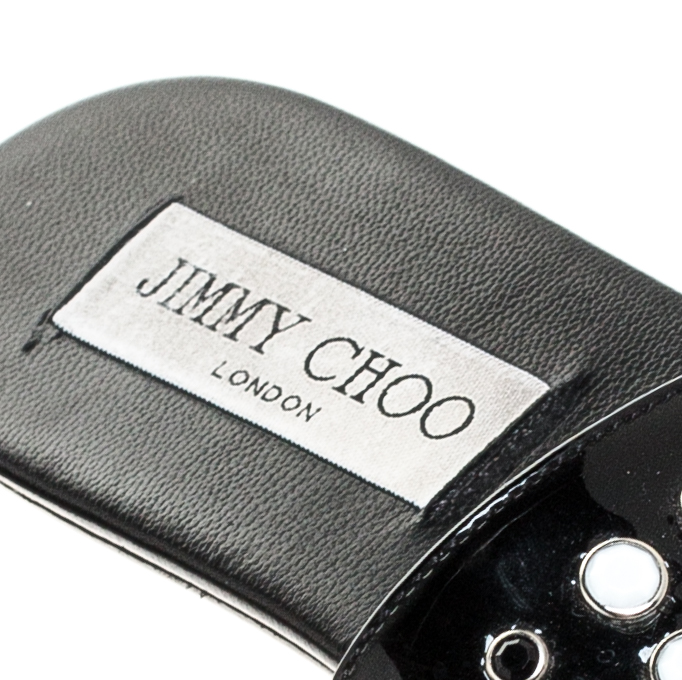 Jimmy Choo Black Patent Leather Studded Flat Slides Size 37