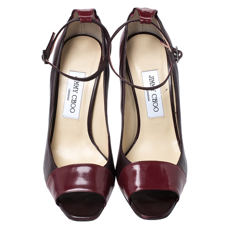 Jimmy Choo Burgundy Leather And Patent Leather Peep Toe Ankle Strap Pumps Size 39