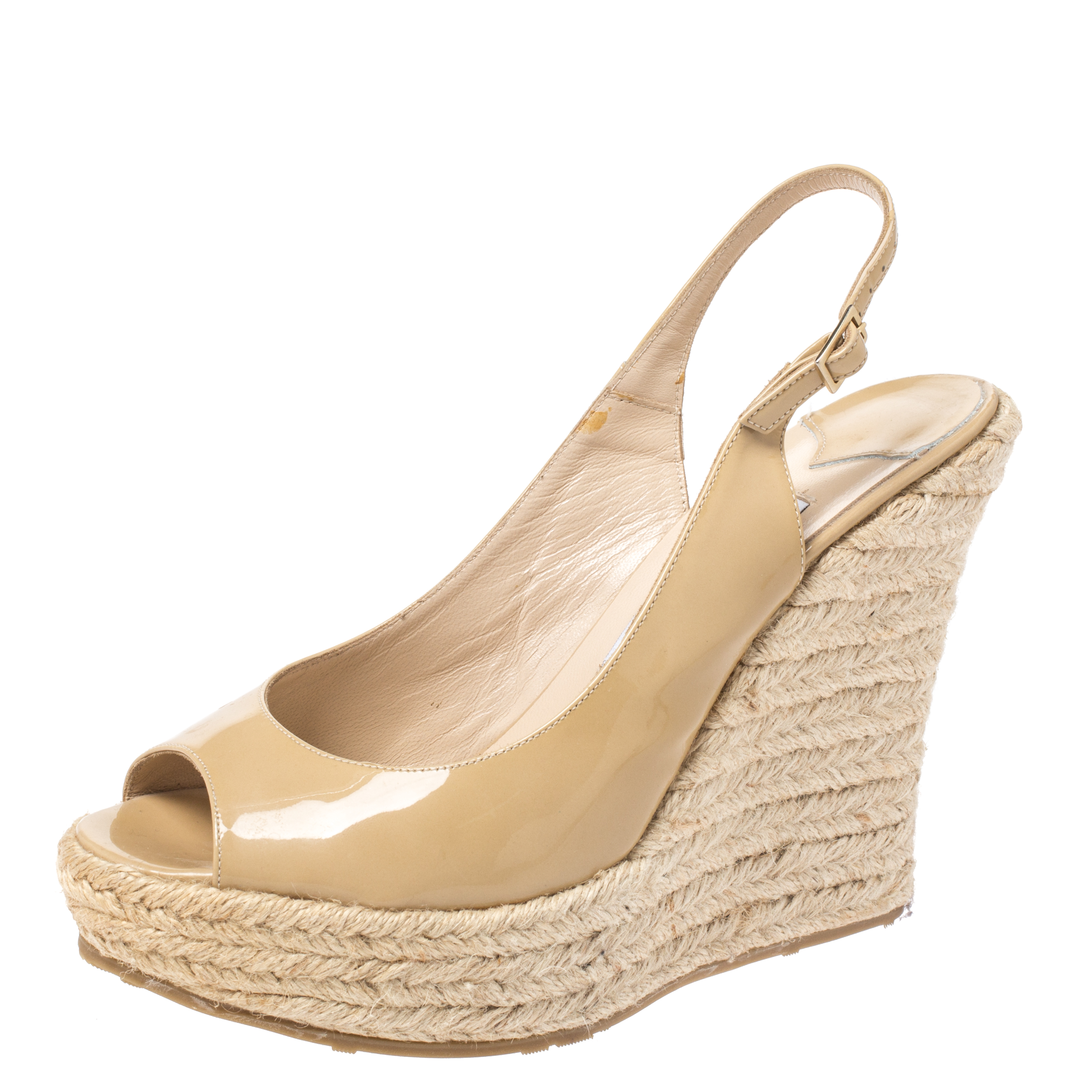 Image of Jimmy Choo Beige Patent Leather Espadrille Wedge Slingback Sandals Size