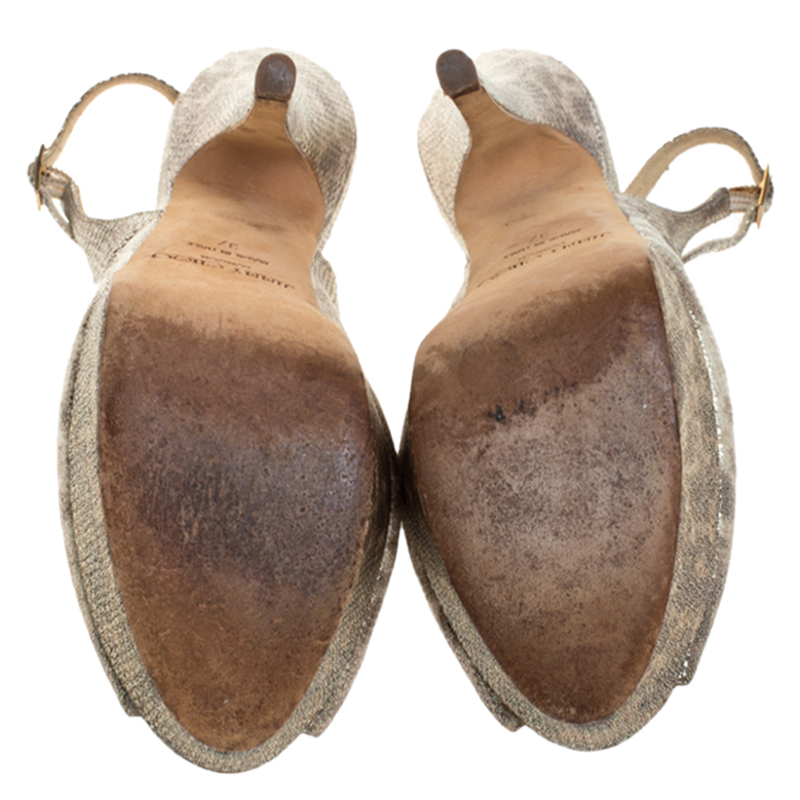 Jimmy Choo Metallic Gold Embossed Leather Vita Peep Toe Platform Slingback Sandals Size 37