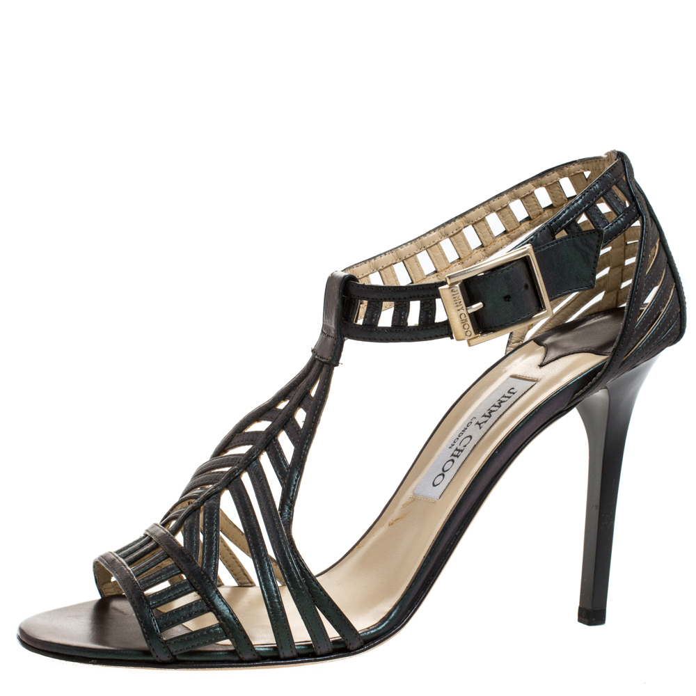 Jimmy choo metallic dark green leather cutout open toe sandals size 41