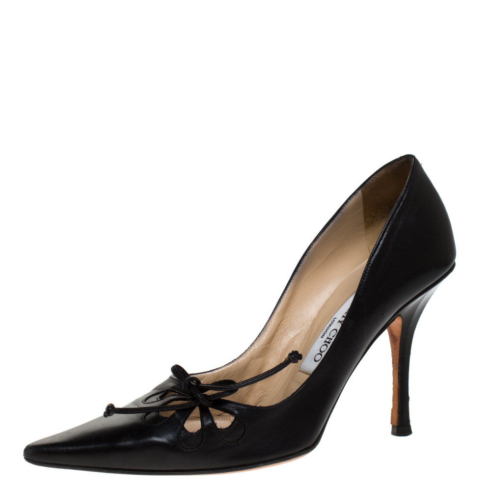 Jimmy Choo Black Leather Cut Out Pointed Toe Pumps Size 37.5