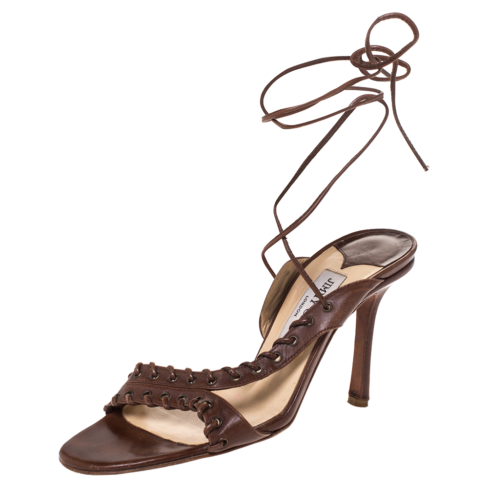 Jimmy Choo Brown Leather Corset Ankle Wrap Sandals Size 39