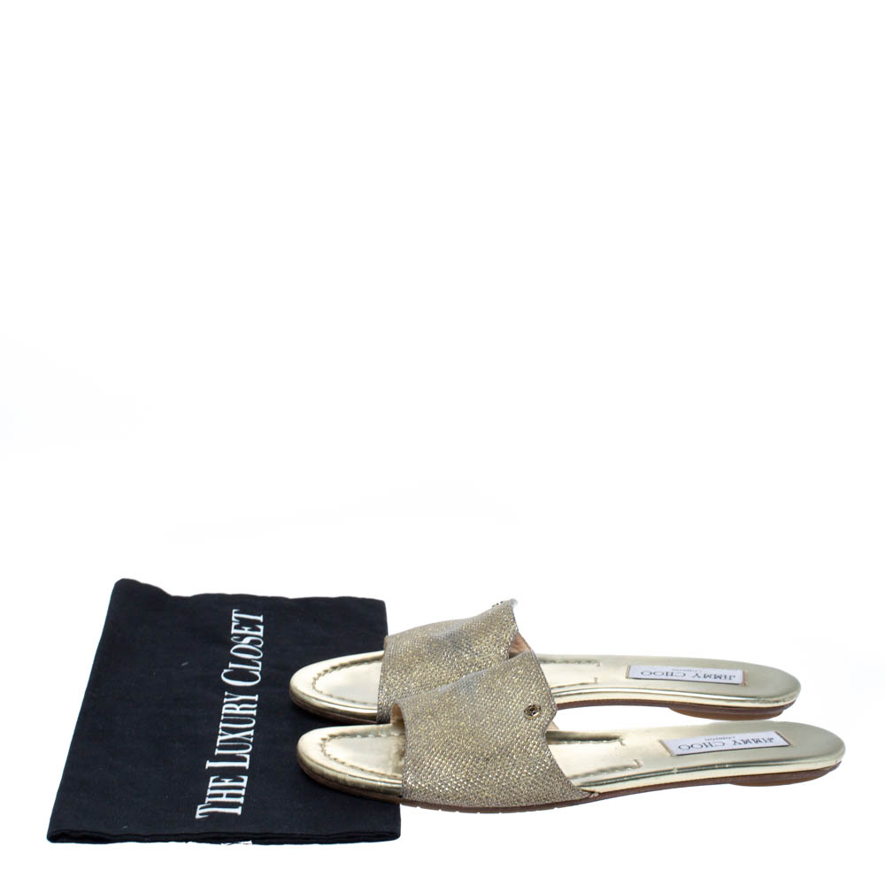 Jimmy Choo Metallic Gold Glitter Fabric Nanda Flat Slides Size 38