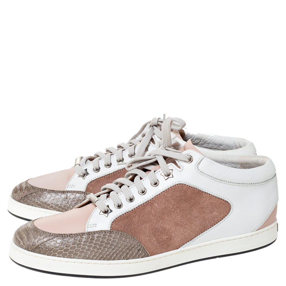 Jimmy Choo Tricolor Suede Leather And Python Trim Miami Low Top Sneakers Size 40.5
