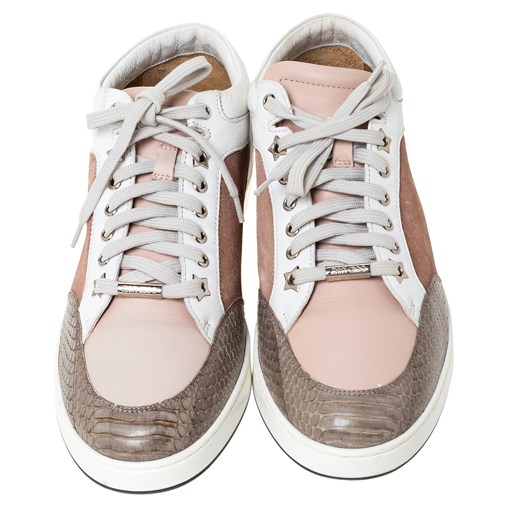 Jimmy Choo Tricolor Suede Leather And Python Trim Miami Low Top Sneakers Size 40.5