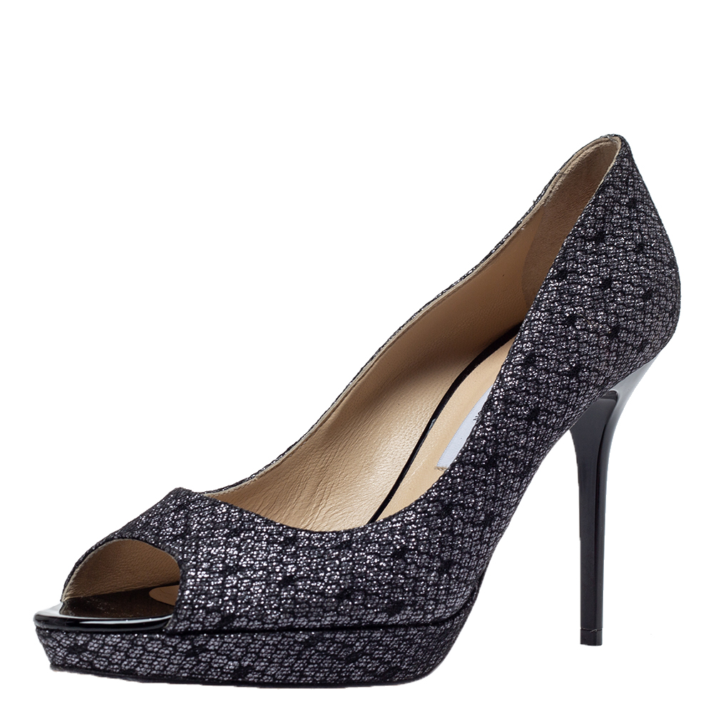 

Jimmy Choo Black Lace Glitter Luna Peep Toe Platform Pumps Size, Grey