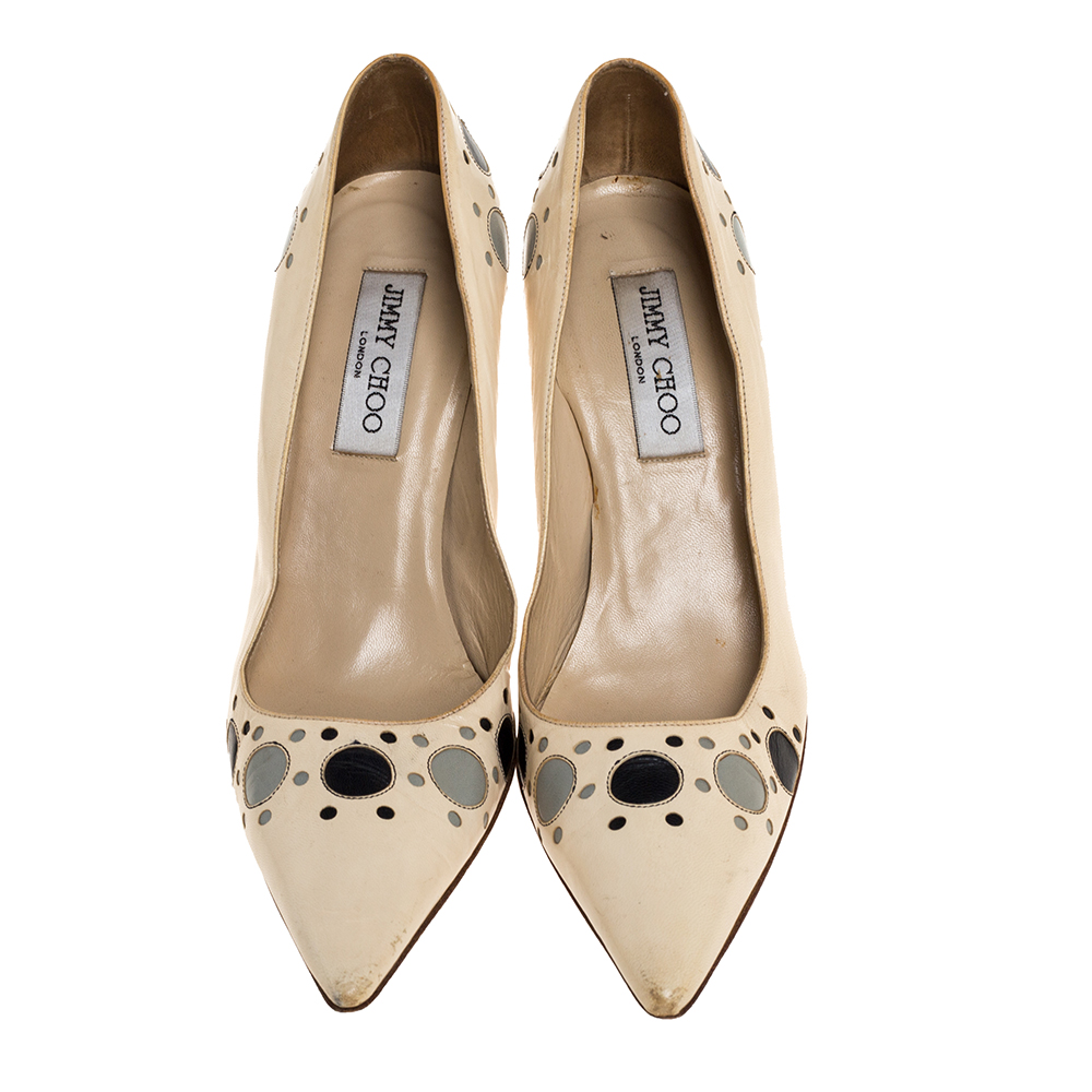 Jimmy Choo Cream Leather Circle Detail Pointed Toe Pumps Size 38.5