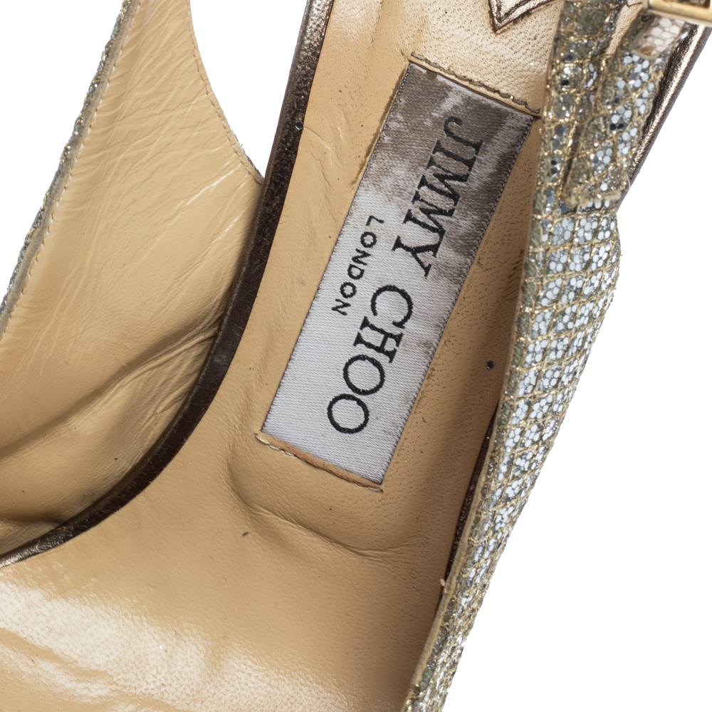 Jimmy Choo Metallic Gold Glitter Fabric And Embossed Leather Verity Peep Toe Platform Slingback Sandals Size 39