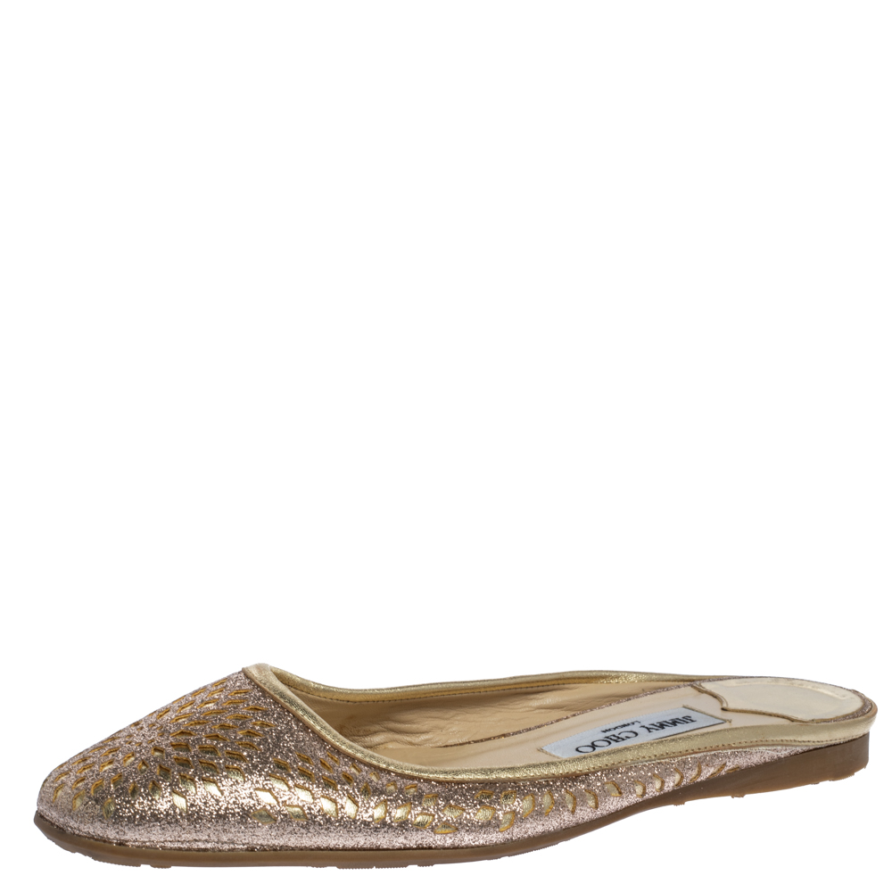 

Jimmy Choo Shimmery Gold Laser Cut Leather Flat Mules Size