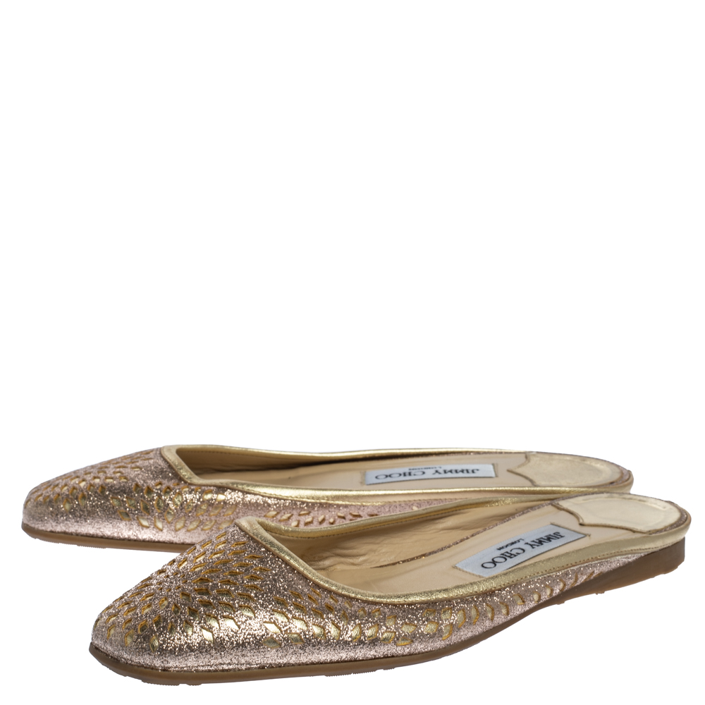 Jimmy Choo Shimmery Gold Laser Cut Leather Flat Mules Size 38.5