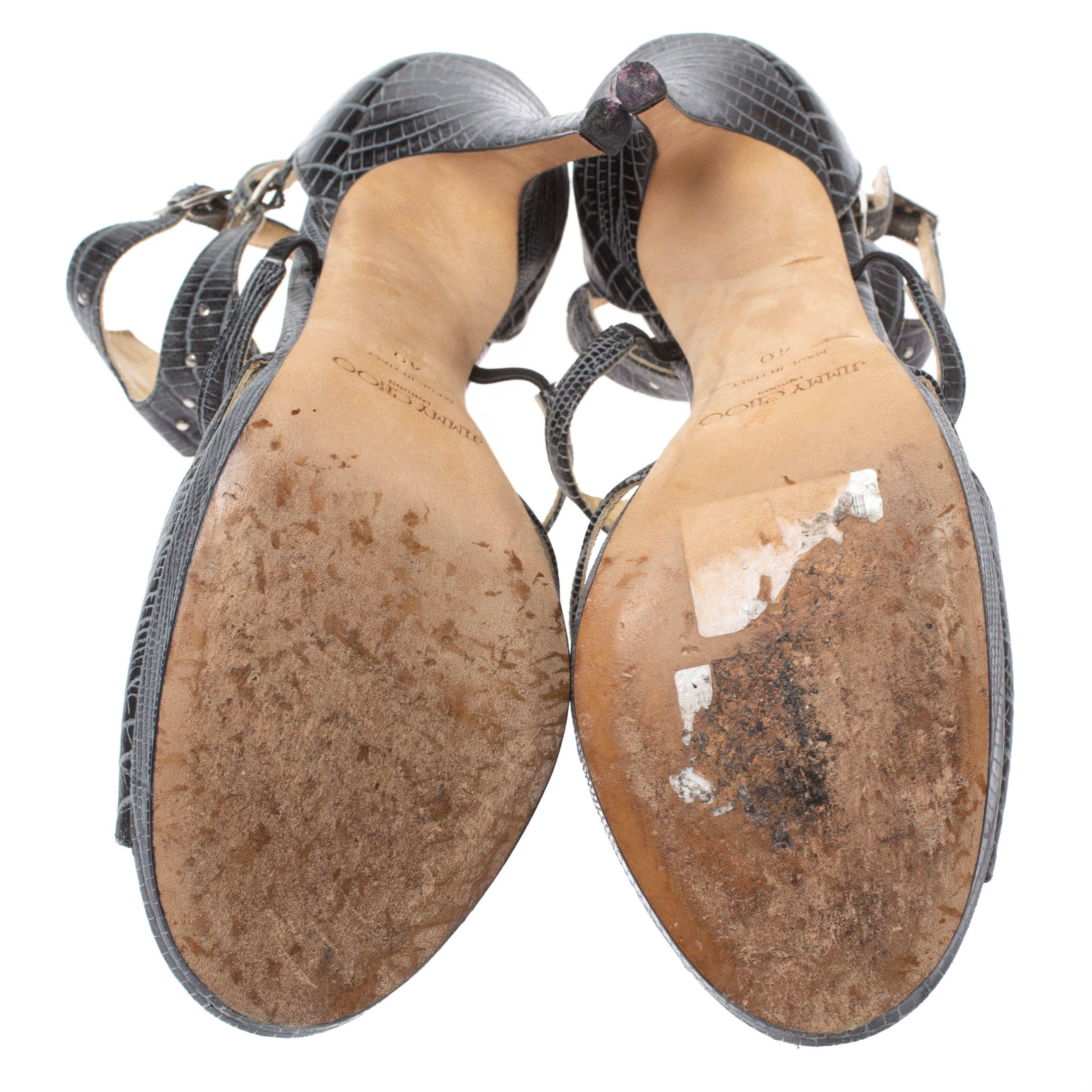 Jimmy Choo Grey Lizard Embossed Leather Mostyn Strappy Gladiator Sandals Size 40