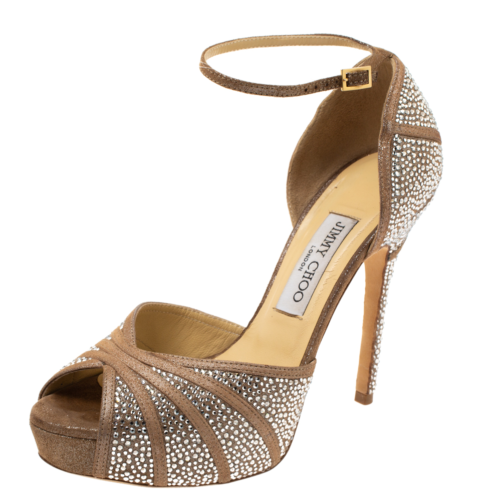 Image of Jimmy Choo Beige Glitter Suede Kalpa Crystal Embellished Ankle Strap Platform Sandals Size .
