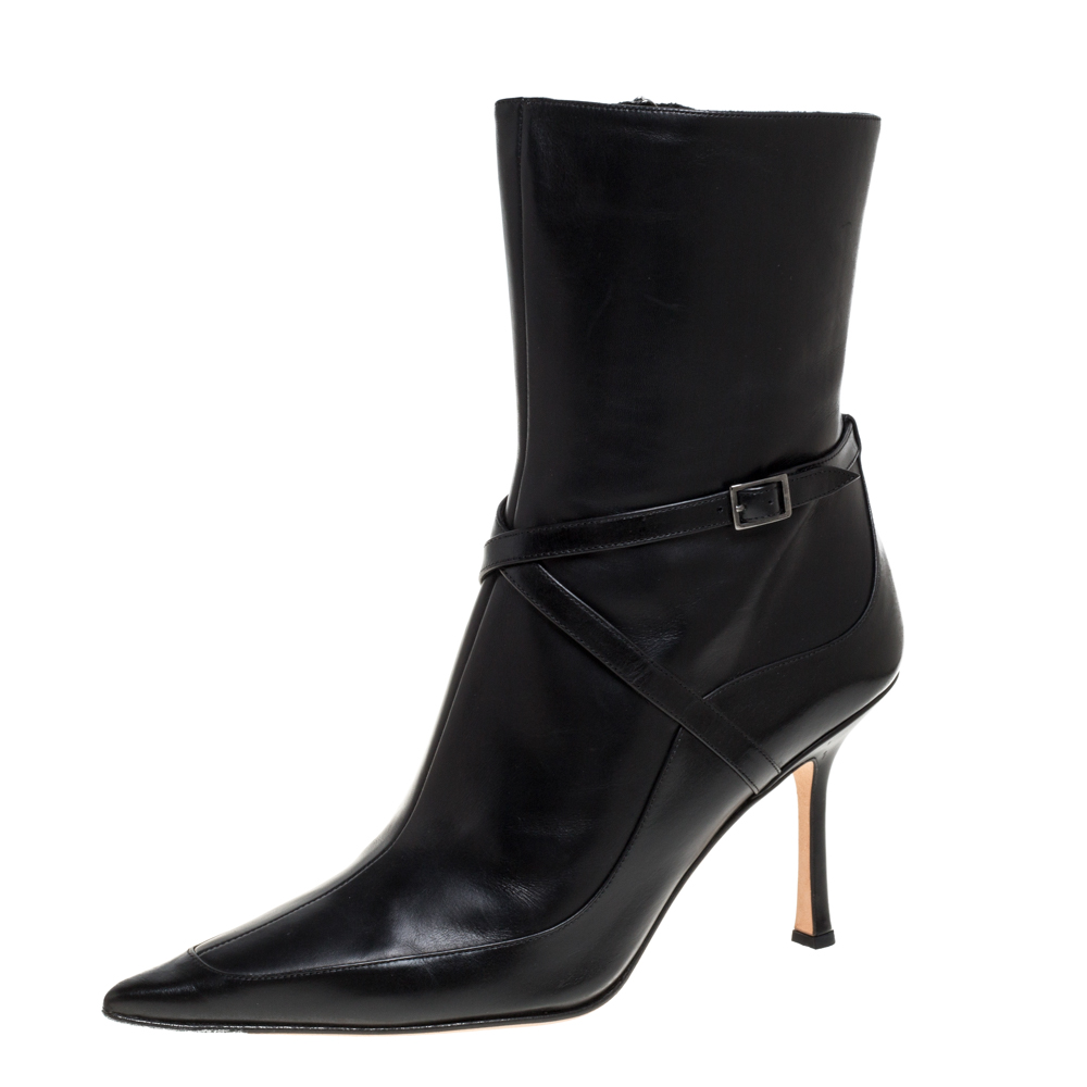 Image of Jimmy Choo Black Leather Arena Pointed Toe Ankle Boots Size