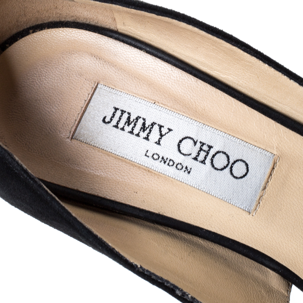 Jimmy Choo Black Suede Taja Crystal Embellished Bow Peep Toe Pumps Size 38