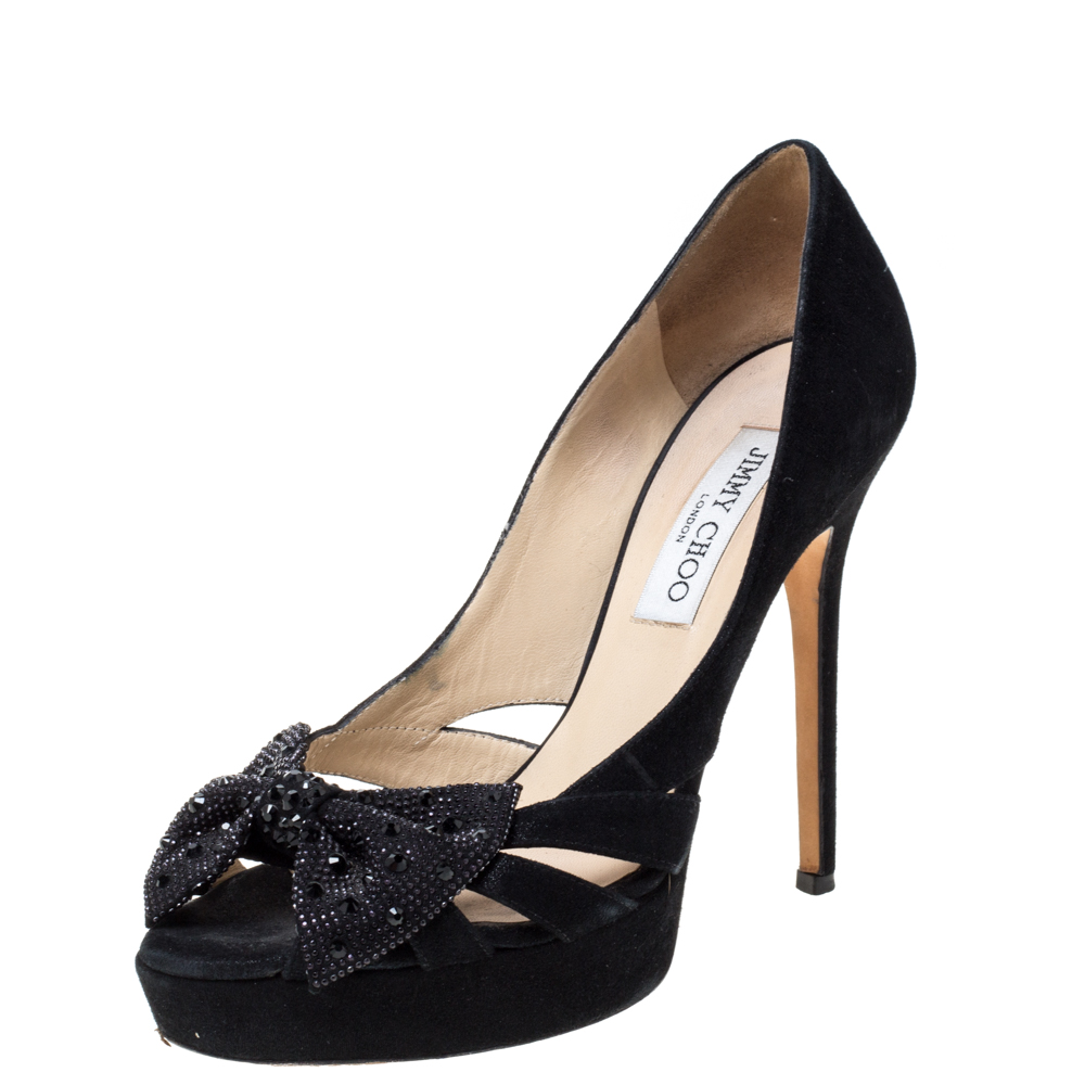 Jimmy Choo Black Suede Taja Crystal Embellished Bow Peep Toe Pumps Size 38