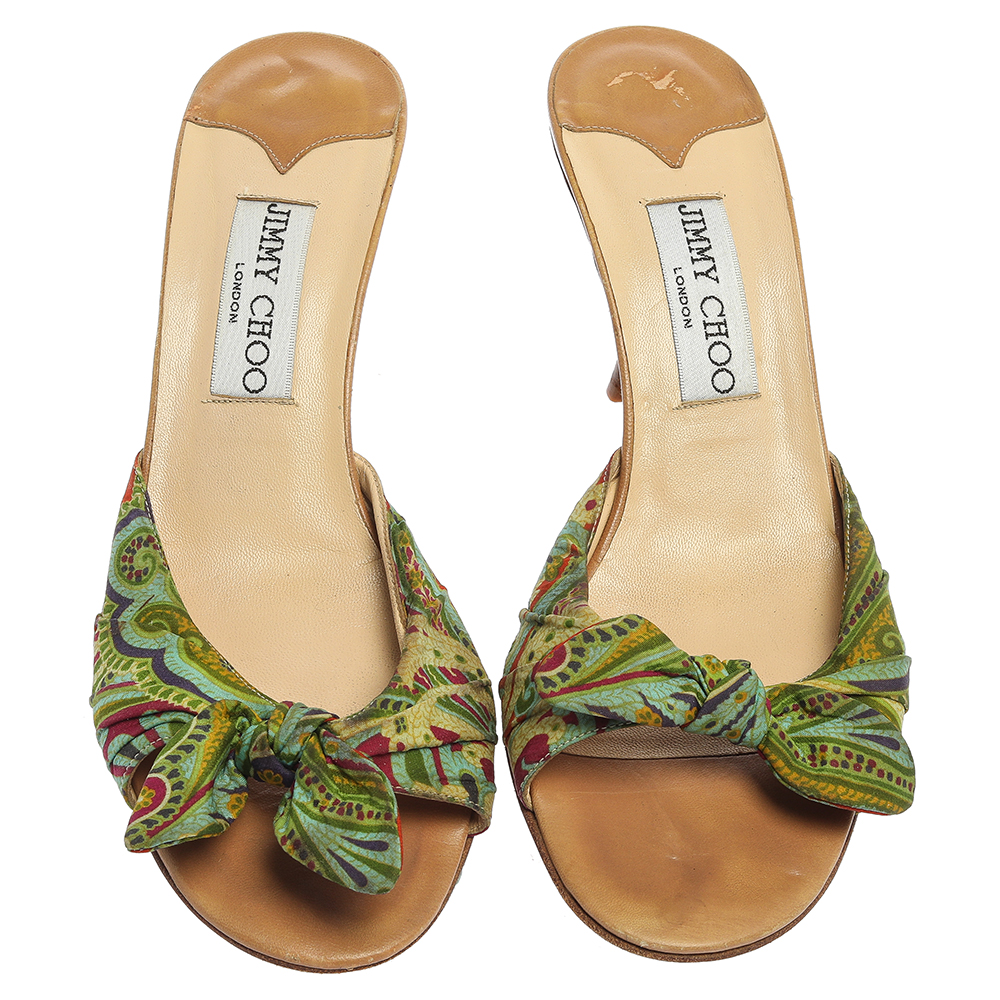 Jimmy Choo Multicolor Printed Satin Knot Slide Sandals Size 38