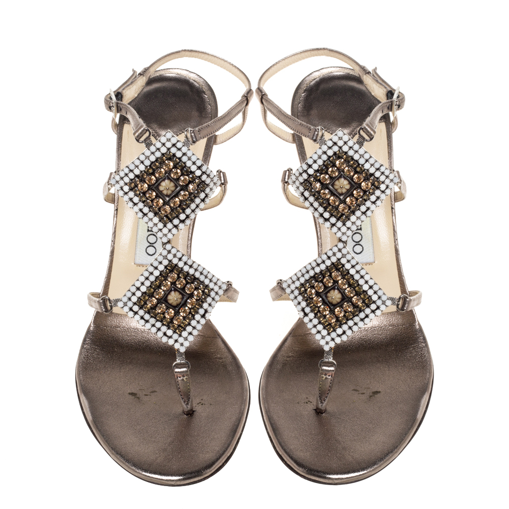 Jimmy Choo Metallic Bronze Leather Meira Crystal Embellished Sandals Size 37