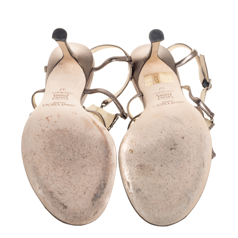 Jimmy Choo Metallic Bronze Leather Meira Crystal Embellished Sandals Size 37
