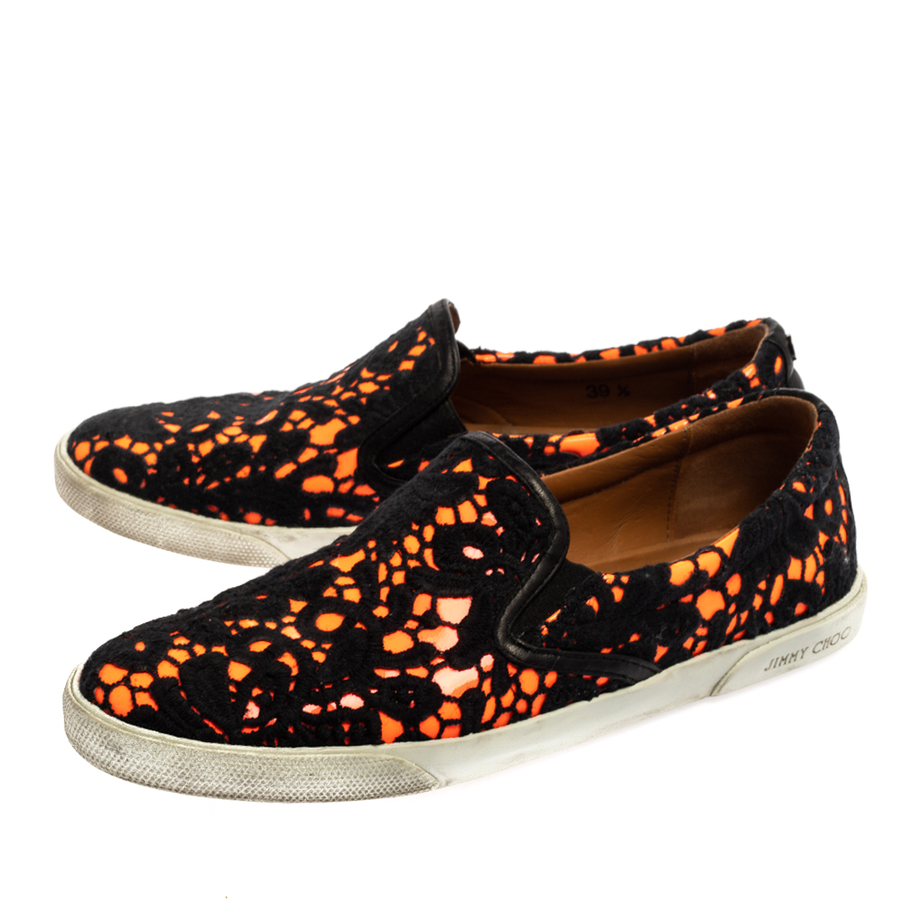 Jimmy Choo Black/Neon Orange Lace And Patent Leather Demi Slip-On Sneakers Size 39.5