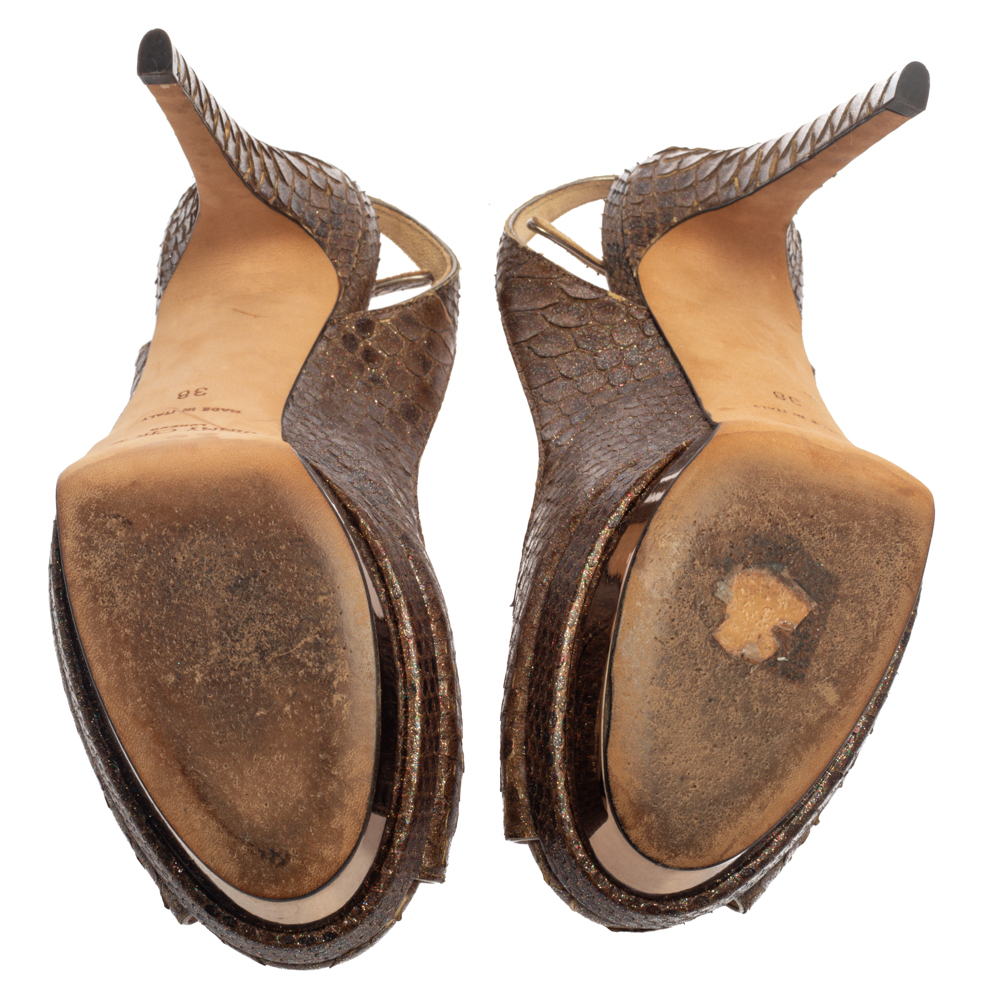 Jimmy Choo Brown Glitter Effect Python Peep Toe Slingback Platform Sandals Size 38