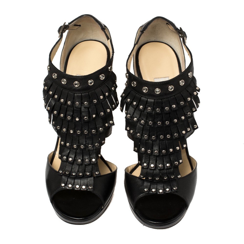 Jimmy Choo Black Leather Studded Fringe Platform Sandals Size 39