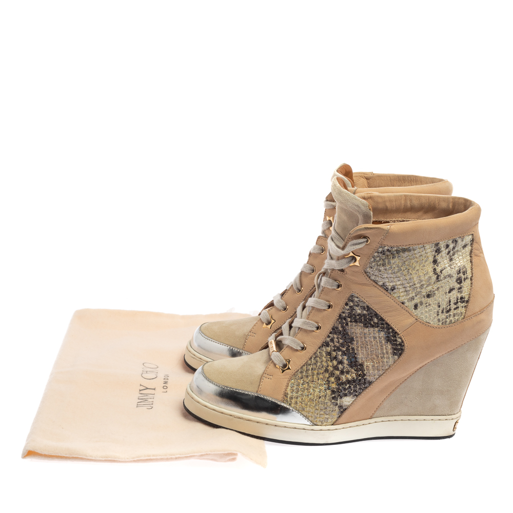 Jimmy Choo Beige/Silver Suede, Nubuck And Python Embossed Leather Panama Wedge Sneakers Size 39.5