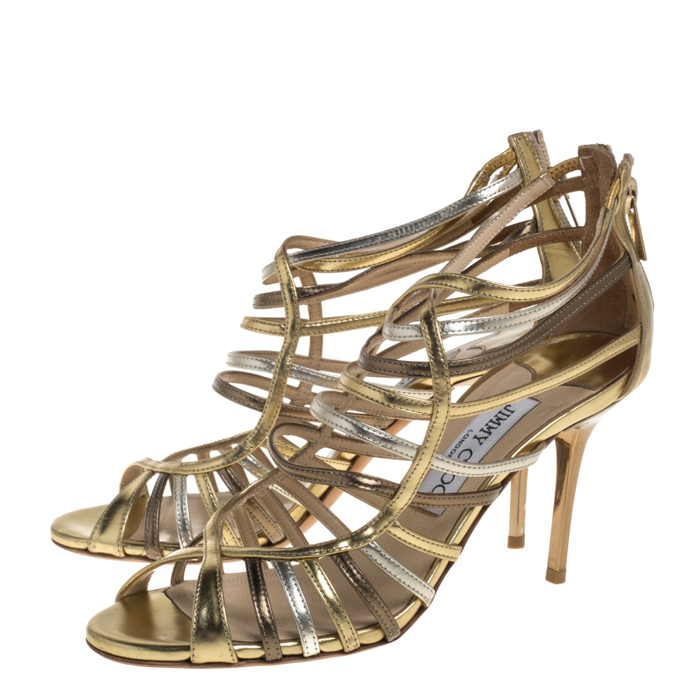 Jimmy Choo Gold/Silver Leather Cage Sandals Size 36.5