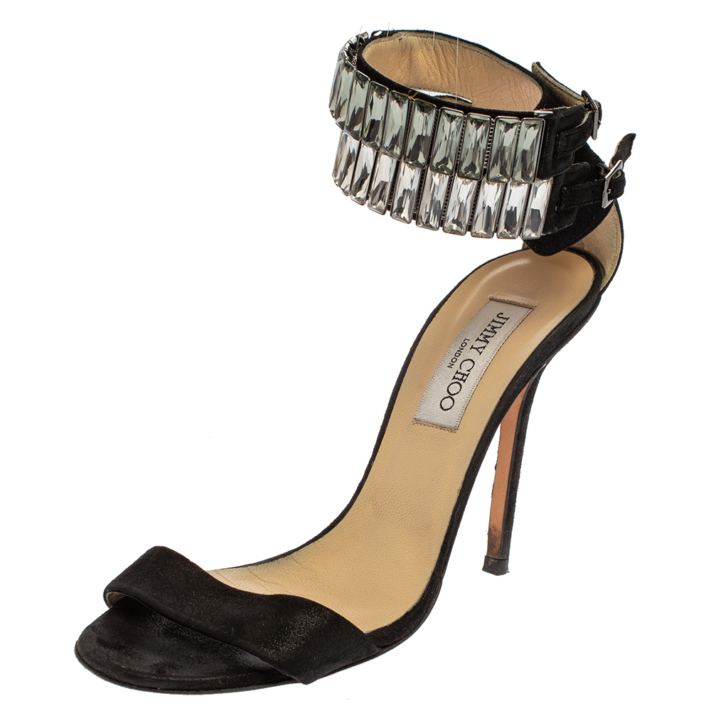 Jimmy Choo Black Glitter Nubuck Crystal Embellished Ankle Cuff Sandals Size 38.5