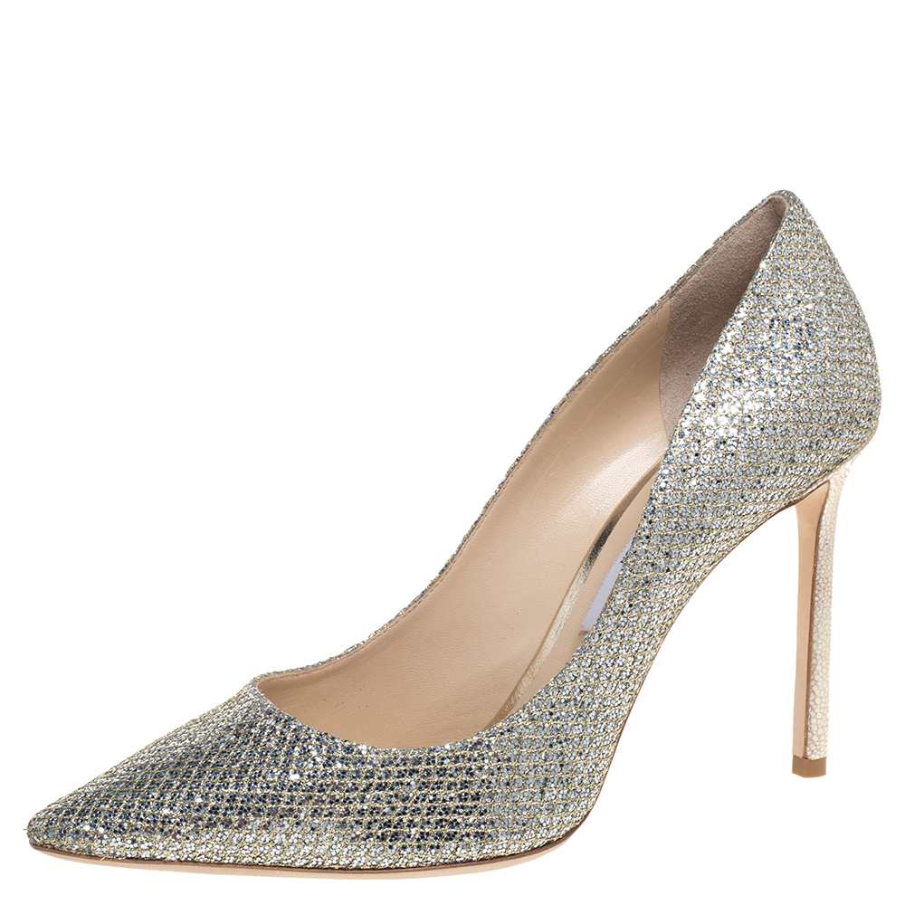 Jimmy Choo Gold Glitter Romy Pointed Pumps Size 40