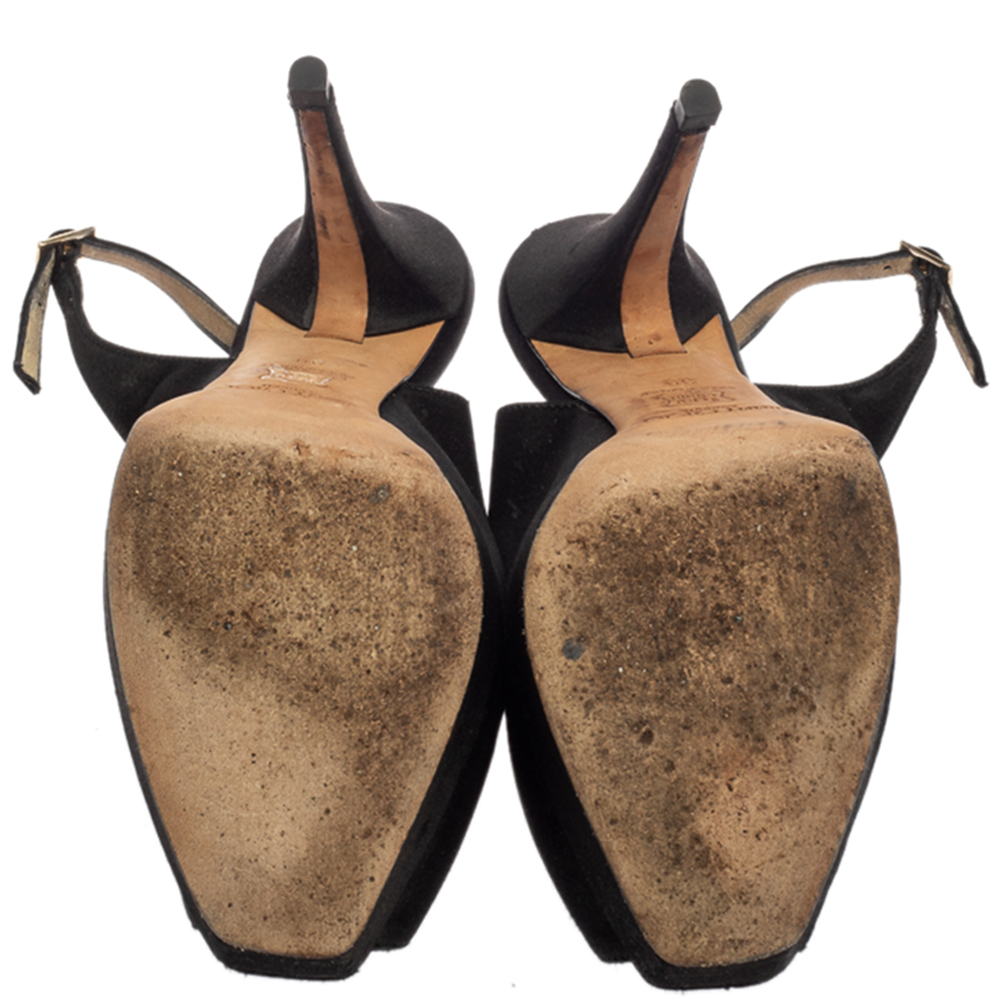 Jimmy Choo Black Satin Clue Peep Toe Platform Slingback Sandals Size 39