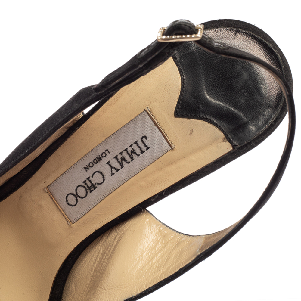 Jimmy Choo Black Satin Clue Peep Toe Platform Slingback Sandals Size 39