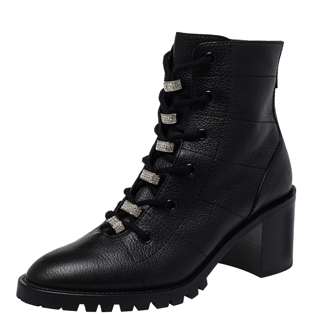 Jimmy Choo Black Leather Cruz Crystal Embellished Combat Boots Size 38